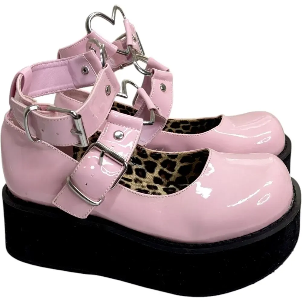 Demonia Sprite O2 Baby Pink Patent Platform Mary Jane 6 Heart Strap Lolita Goth - Picture 3 of 11